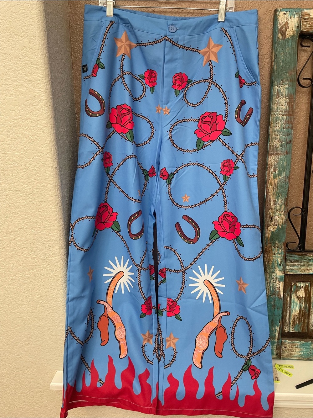 Lucky & Blessed Sky Blue Pants with Red Rose Motif